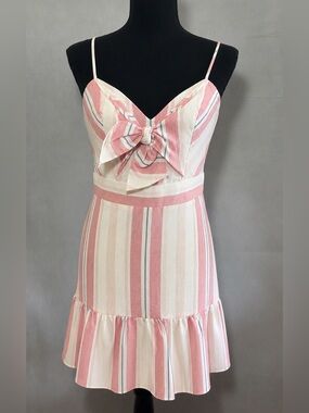 Parker Pink Stripe Linen Bow Front Coastal  Cottagecore Dress Sz 4 Resort Vacay